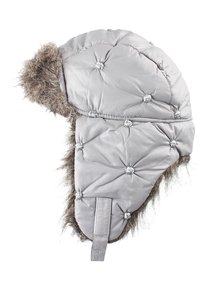 Gray quilted winter trapper hat with stitched buttons and brown faux fur trim on ear flaps and brim.