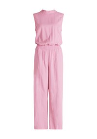 Roze mouwloze jumpsuit met een elastische taille, recht-pijpen ontwerp en een soepele textuur. Eenvoudige, strakke lijnen zonder patronen of accenten.