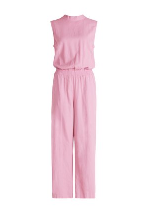 Combinaison sans manches rose avec une taille élastique, design à jambes droites et texture lisse. Lignes simples et épurées sans motifs ni accents.