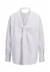 Camicia bianca con righe verticali viola, dotata di scollatura a V, maniche ampie e un design frontale leggermente arricciato. Tessuto texturizzato.