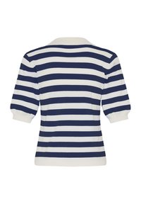 Temno modra in bela črtasta majica s kratkimi rokavi ter rebrastim ovratnikom in manšetami, z rahlo ohlapnim krojem ter enobarvnim robom in manšetami.