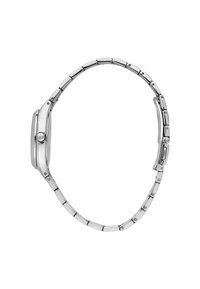 Orologio da polso argento con cassa rotonda e bracciale a maglie. Presenta una finitura metallica lucida; include una corona laterale e maglie senza soluzione di continuità.