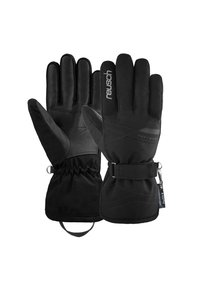 Schwarze wasserdichte Handschuhe mit einem Lederhandflächen, verstellbarem Handgelenkriemen und elastischen Bündchen. Mit Logo und Softshell-Stoff.