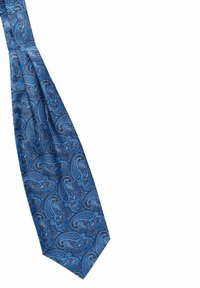 Sininen paisley-kuvioinen solmio, jossa on monimutkaisia kuvioita eri sinisen sävyissä, sileä silkkimäinen rakenne ja terävä pää.