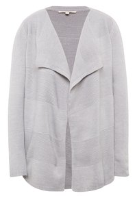 Jasnoszara otwarta kardigan z dzianiny, charakteryzująca się teksturowanym wzorem z różnymi paskami i luźnym krojem. Brak zapięć.