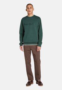 Felpa verde scuro con logo "Timberland" in rilievo, abbinata a pantaloni marroni e scarpe marroni scure con suola chiara.