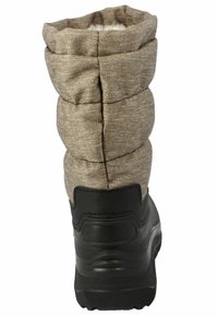 Braune gepolsterte Winterstiefel mit einem strukturierten Obermaterial und einer schwarzen gummierten Sohle. Verfügt über ein gerafftes Design oben und eine robuste Konstruktion.