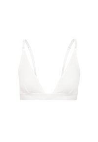 Bralette wireless bianco realizzato in un tessuto liscio e morbido. Presenta coppe triangolari, spalline regolabili e una fascia logo elastica.