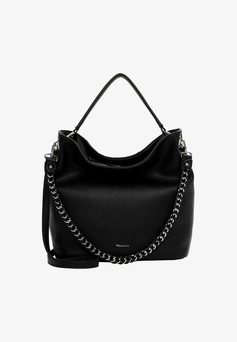 Czarna skórzana torba na ramię o teksturowanej powierzchni, z górnym uchwytem i srebrnym akcentem z łańcuszka. Regulowany pasek przymocowany z boku.