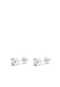 Boucles d'oreilles en argent avec un sertissage en griffes mettant en valeur des cristaux ronds et transparents, design minimaliste avec une texture lisse et de petits accents sphériques.