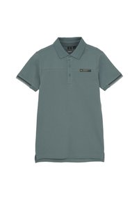 Koszulka polo w stonowanym odcieniu zieleni z teksturowanym materiałem, trzema guzikami i naszywką z logo. Posiada paskowane akcenty na rękawach.