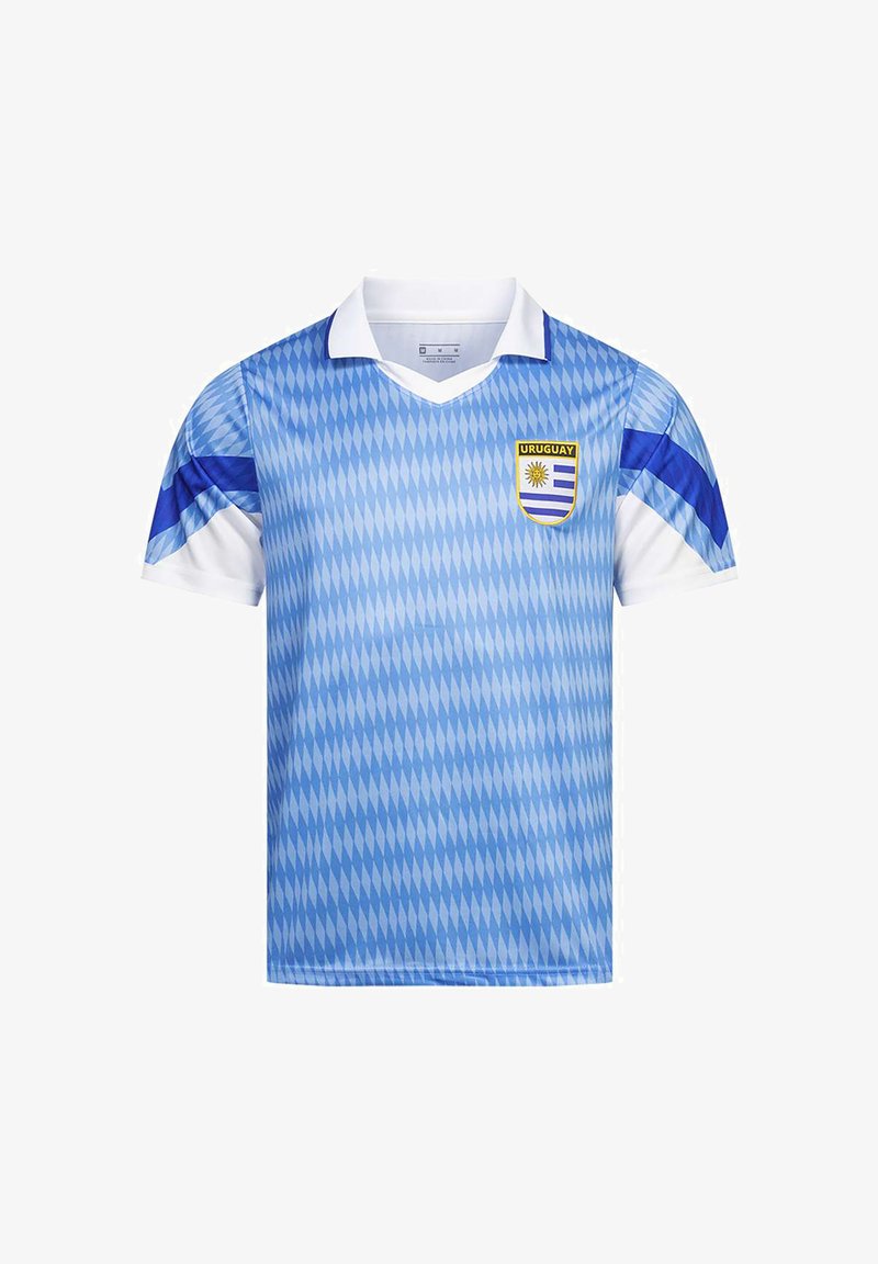 Light blue soccer jersey with white collar and sleeves, blue diamond pattern, and Uruguay national team badge on chest.