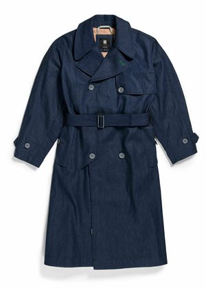 Trench-coat bleu foncé croisé avec large col, taille ceinturée et poignets boutonnés, présenté à plat sur fond blanc.