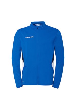 Blå sportjakke med komplet lynlås, lange ærmer, hvide og sorte sidestriber samt "uhlsport"-logo på brystet.