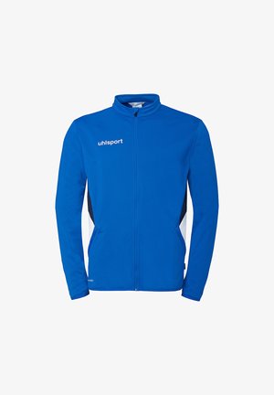 Blauw sportjack met lange mouwen en volledige ritssluiting, witte en zwarte zijpanelen, en 'uhlsport' logo op de borst.