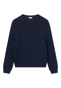 Marineblauer Strickpullover mit Rundhalsausschnitt, gerippten Bündchen und Saum. Verfügt über ein strukturiertes Muster und eine lockere Passform.