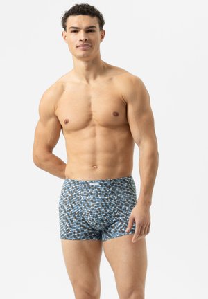 Heren boxershorts met een geometrisch patroon in blauw, bruin en zwart. Voorzien van een zachte, elastische tailleband en een aansluitend ontwerp. Glad oppervlak.