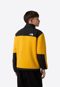 Το κίτρινο μπουφάν από φλις διαθέτει μαύρο επάνω τμήμα, ψηλό γιακά και πλαϊνές λεπτομέρειες. Στην πλάτη εμφανίζεται ένα λευκό λογότ υπο πάνω από τον δεξί ώμο.