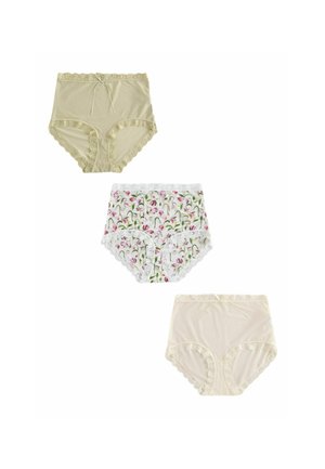 Tri dámske nohavičky s vysokým pásom: béžové s čipkou, biele s kvetinovým vzorom a čipkou a krémové s čipkovými okrajmi.