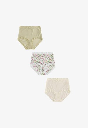 Trei lenjerii de damă cu talie înaltă: bej cu dantelă, alb cu model floral și dantelă, și crem cu margini din dantelă.