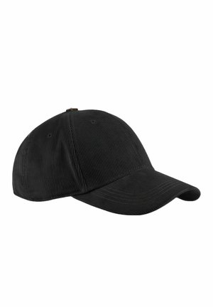 Black ribbed fabric baseball cap with curved brim and stitched ventilation eyelets on side panels, shown at slight angle on white background.
