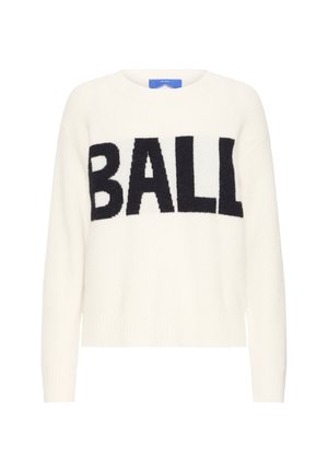 Hvid strikket sweater med et stort sort strikket "BALL" grafik. Rund halsudskæring og ribbede manchetter. Blød tekstur, afslappet pasform.