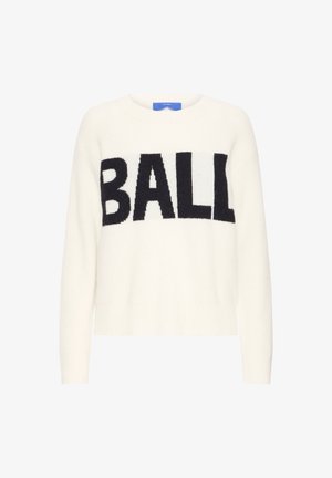 Hvid strikket sweater med et stort sort strikket "BALL" grafik. Rund halsudskæring og ribbede manchetter. Blød tekstur, afslappet pasform.