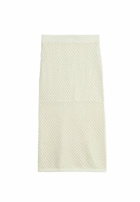 Gebreidde crèmekleurige rok met een diamanten patroon, elastische tailleband en een gladde textuur, die tot halverwege het calve komt.