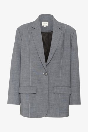 Grå blazer lavet af strukturstof med hvid syning, to frontlommer og en enkelt knaplukning. Fodret inderside i sort.