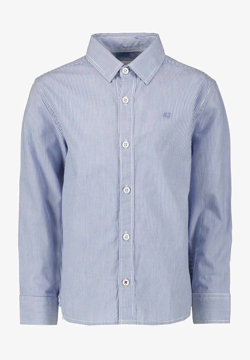 Camisa de botones a rayas en azul y blanco. Material de algodón; con mangas largas, collar y botones lisos. Pequeño logo en el pecho.