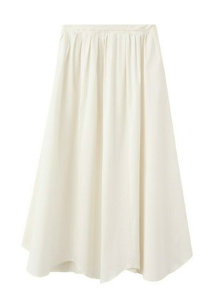 Falda en línea A color crema, de cintura alta, con una cintura fruncida y pliegues suaves, que llega hasta la mitad de la pantorrilla.