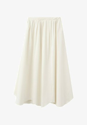 Jupe trapèze couleur crème à taille haute avec une ceinture froncée et des plis doux, arrivant à mi-mollet.