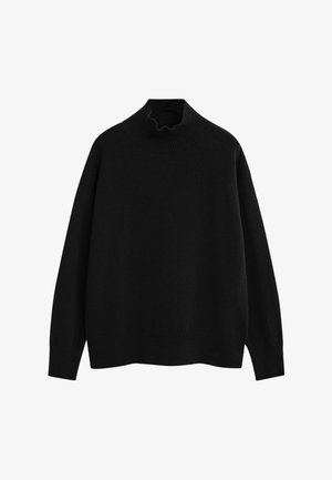 Maglione lungo nero a maniche lunghe con colletto alto a coste, polsini a coste e orlo a coste, esposto su uno sfondo bianco.