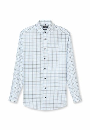 Camicia da uomo a maniche lunghe con base bianca e sottile motivo a quadretti nero e blu, colletto aperto e bottoni neri.