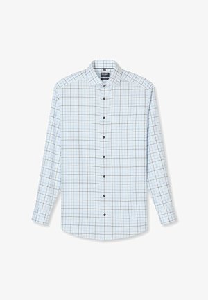 Camicia da uomo a maniche lunghe con base bianca e sottile motivo a quadretti nero e blu, colletto aperto e bottoni neri.