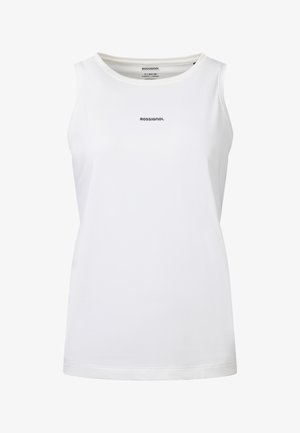 Wit sportief mouwloos tanktop met ronde hals en het "Rossignol"-logo gecentreerd op de borst.