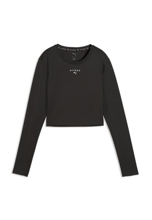 Sort cropped atletisk bluse med lange ærmer, rund hals, hvidt Puma-logo og teksten "HYROX" foran og inde i kraven.
