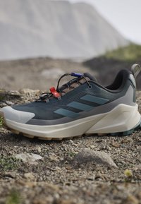 Dark green and gray hiking shoe with beige sole and quick-lace system resting on rocky terrain with blurred mountain background.
