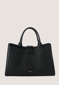 Black handbag featuring woven texture, smooth leather trim, and a structured shape with dual handles and a magnetic closure. Branding visible.