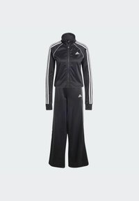 Black athletic tracksuit made of smooth fabric, featuring a zip-up jacket with high collar and matching wide-leg pants, both with white stripes.