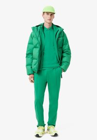 Grøn pufferjakke, matchende polo og træningsdragt. Kasket og sko i lys grøn med gule detaljer. Glat tekstur og sporty design.