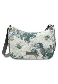 Sac en tapisserie florale dans des tons de bleu et de crème, présentant une forme arrondie, des accents en cuir noir et un détail en métal argenté.