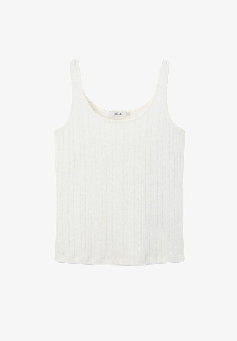 Débardeur blanc côtelé avec des bretelles fines, décolleté rond et texture lisse. Étiquette visible au niveau du décolleté. Conçu pour un usage décontracté.