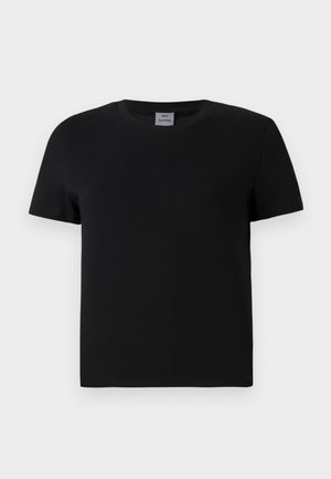 Black cotton t-shirt with a crew neckline and short sleeves. Simple design, no patterns or accents, with a straight cut at the waist.