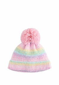 Strikket hue med en pink pom-pom, med pastel horisontale striber i lys pink, blå, gul og grøn. Blød tekstur og ribbet design.