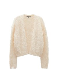 Cardigan corto di un beige chiaro, realizzato in un materiale morbido e peloso con una superficie testurizzata e design a apertura frontale, con maniche lunghe.