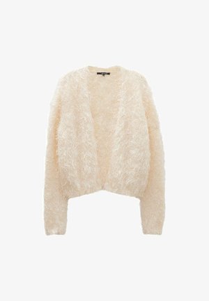 Helles Beige, taillierte Strickjacke aus weichem, flauschigem Material mit einer strukturierten Oberfläche und offenem Frontdesign, ausgestattet mit langen Ärmeln.