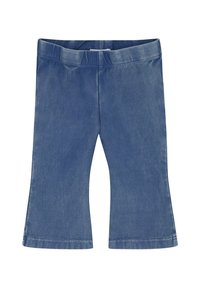 Jeans w średnim niebieskim kolorze, z rozszerzającą się nogawką, solidnym pasem i gładką fakturą z delikatnym połyskiem.