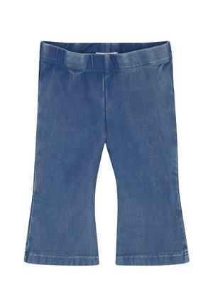 Denim broek in middentint blauw, met een uitlopende pijpdesign, stevige tailleband en een gladde textuur met een subtiele glans.