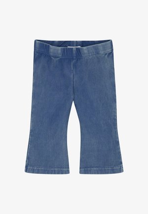 Denim broek in middentint blauw, met een uitlopende pijpdesign, stevige tailleband en een gladde textuur met een subtiele glans.